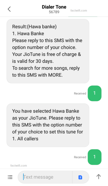 setting JioTune through SMS Step-3
