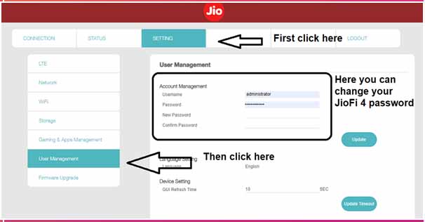 JioFi 4 official website dashboard