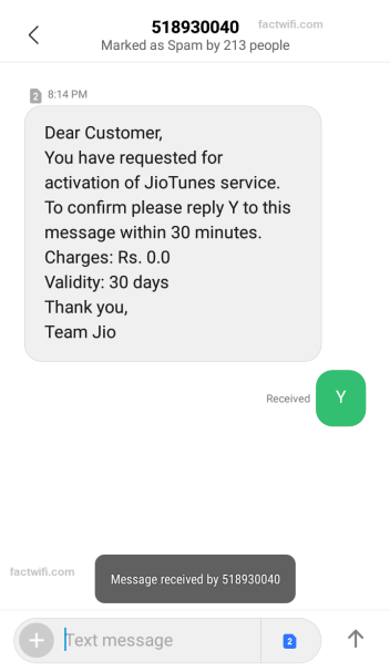 setting JioTune through SMS Step-5