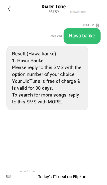 setting JioTune through SMS Step-2