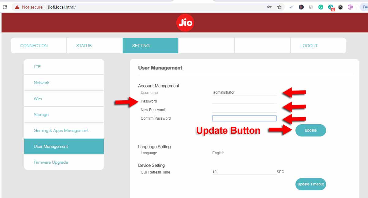 Jio Wifi User Management page 
